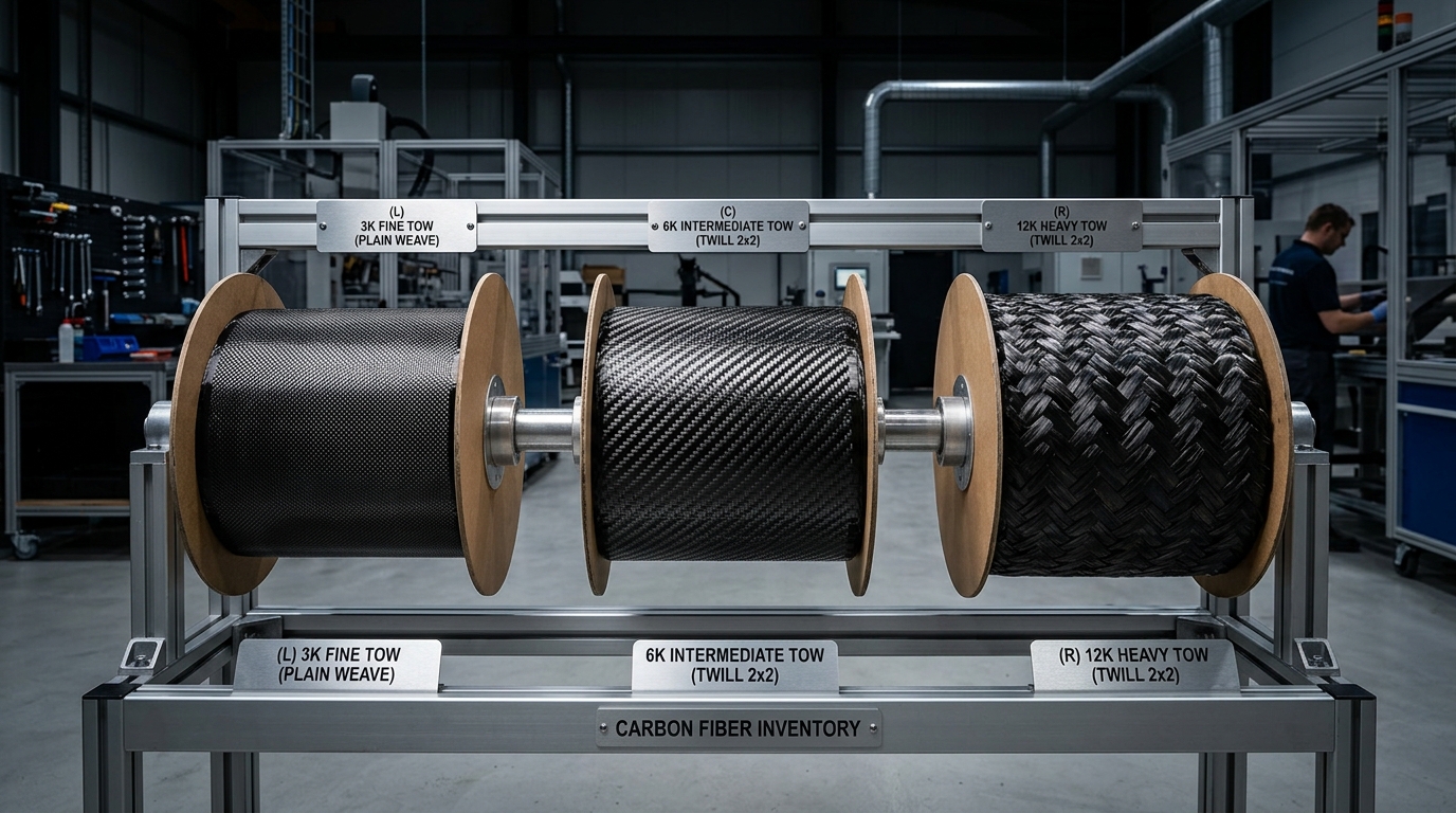 3K, 6K, and 12K carbon fiber tow spools and fabric rolls comparison in composite manufacturing workshop