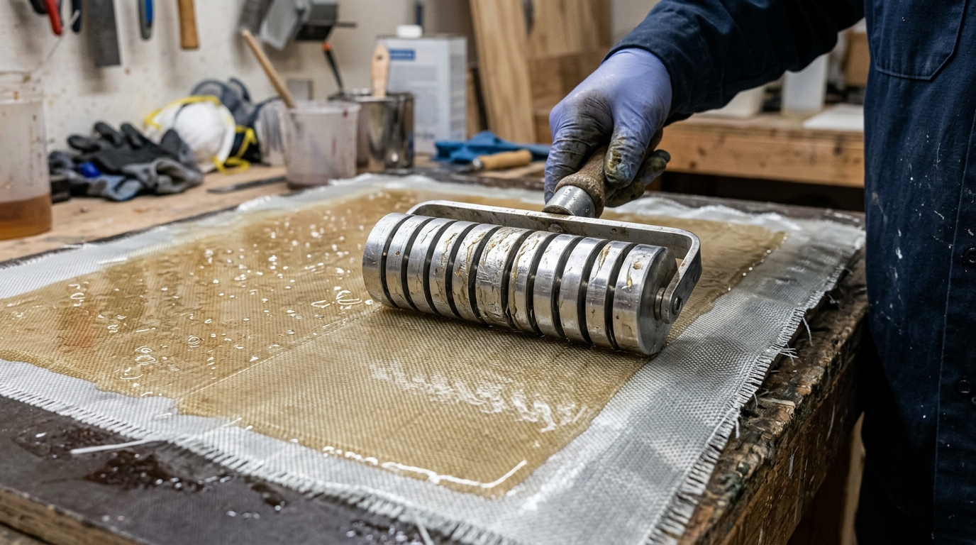 Technician consolidating wet-out fiberglass reinforcement cloth with slotted laminating roller and clear epoxy resin