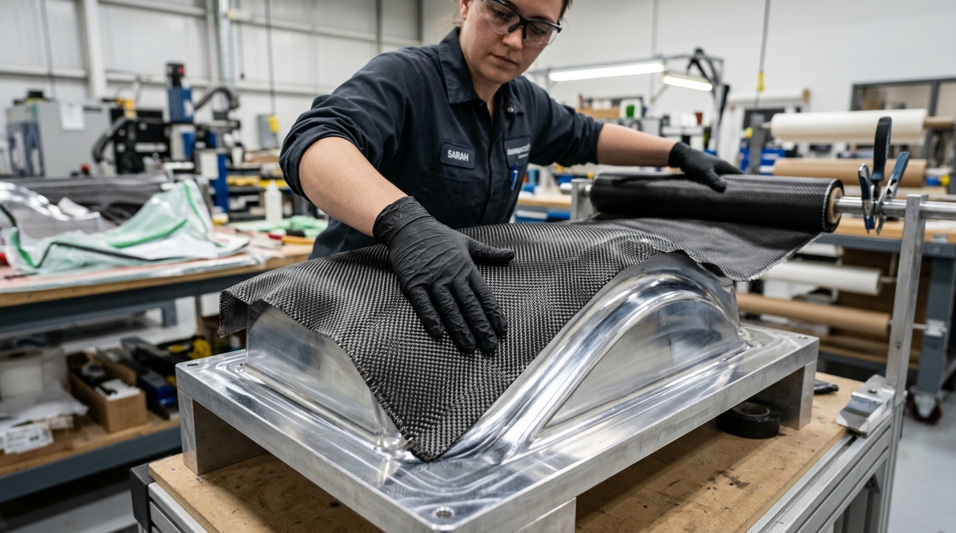Composite technician draping 2x2 twill carbon fiber fabric over an aluminum compound curve mold tooling