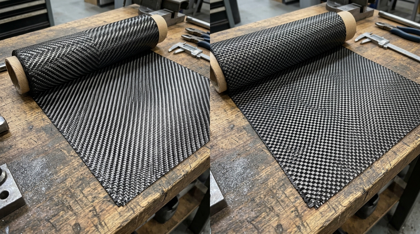 Side-by-side comparison of 2x2 twill weave and 1x1 plain weave carbon fiber fabric rolls