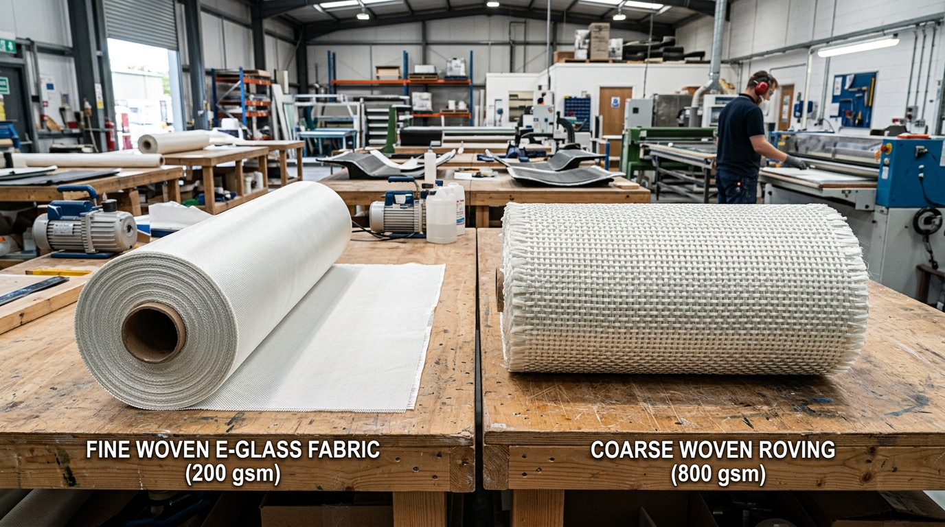 Comparison of fine woven E-glass fabric cloth and coarse woven roving fiberglass roll on workbench